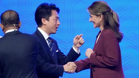 Japan’s Defense Minister Shinjiro Koizumi with Netherland’s Defense Minister Dilan Yesilgoz Zegerius