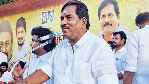 DMK leader P Moorthy at a party meeting in Madurai