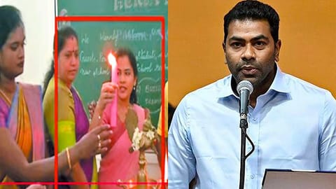 (L) LA M R Pallavi and Chennai Mayor Priya Rajan at a Corporation school and (R) Minister Aadhav Arjuna