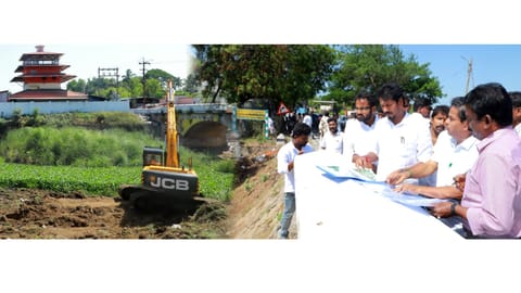 Agriculture minister R Vinod inspects desilt works at a canal in Kumbakonam on Saturday 
