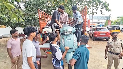 Recovered two-wheelers being
brought to Sriperumbudur
