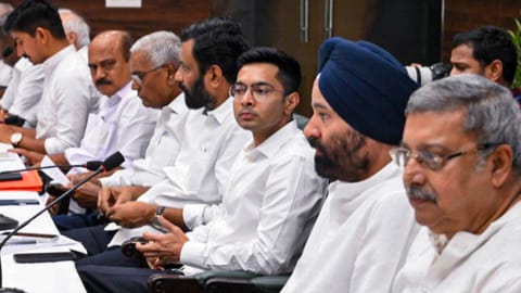 TMC MPs Abhishek Banerjee, Kalyan Banerjee and others during the INDIA bloc meeting, in New Delhi