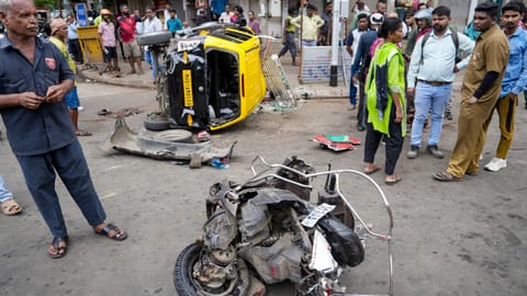 Damageed remains of a vehicle after a BEST (Brihanmumbai Electric Supply and Transport) bus collided with it, near Dadar in Mumbai