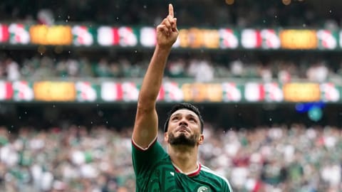 Mexico's Raul Jimenez celebrates after scoring his side's second goal during the World Cup Group A soccer match between Mexico and South Africa in Mexico City, Thursday, June 11, 2026