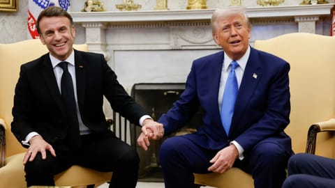 President Donald Trump, right, meets with France's President Emmanuel Macron in the Oval Office of the White House in Washington