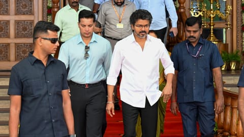 Tamil Nadu Chief Minister C Joseph Vijay leaves for the NITI Aayog Governing Council meeting from Tamil Nadu House, in New Delhi