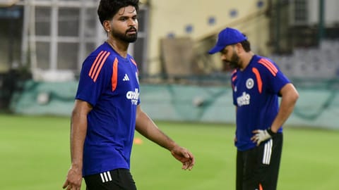 Cricketer Shreyas Iyer and Rohit Sharma takes part in a catching drill during a practice session ahead of the first ODI against Afghanistan in Dharamshala, at the PCA Stadium, in Mohali, Wednesday, June 10, 2026.