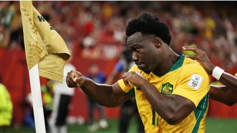 Australia's Nestory Irankunda (17) celebrates scoring the first goal against Turkey during the World Cup Group D soccer match, in Vancouver, British Columbia