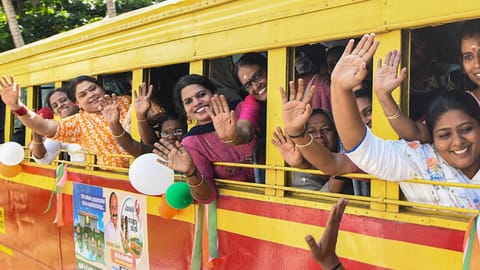 Women travel in a KSRTC bus after the launch of the 'Priyadarshini' free bus travel scheme for women and transgender persons under the Indira Guarantee programme, in Kozhikode 