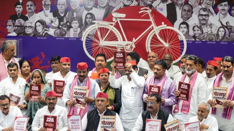 Samajwadi Party president Akhilesh Yadav, along with party leaders, during a press conference at the party office, in Lucknow, Wednesday, June 17, 2026