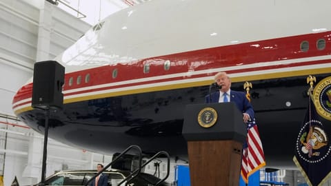 President Donald Trump speaks after touring the newly designated Air Force One presidential aircraft at Joint Base Andrews, Md