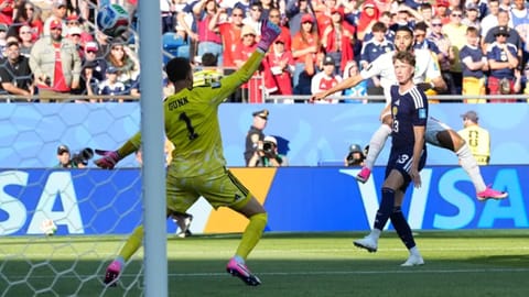Morocco’s Ismael Saibari, top right, scores his side’s opening goal during the World Cup Group C soccer match between Scotland and Morocco in Foxborough, Mass., near Boston, Friday, June 19, 2026 