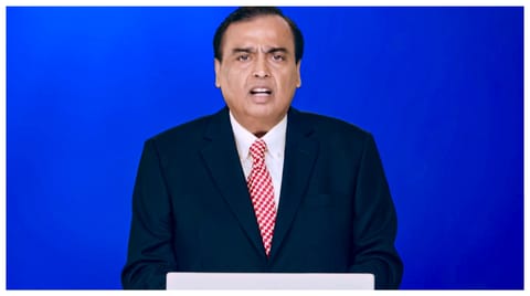 In this screengrab from a video posted on June 19, 2026, Reliance Industries Chairman Mukesh Ambani addresses the 49th Annual General Meeting