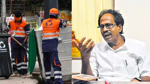 (L) sanitation workers (R) CPI Secretary R Veerapandian