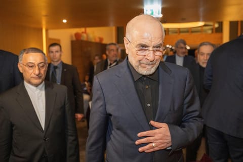 Speaker of the Islamic Parliament of Iran Mohammed Bagher Ghalibaf, center, arrives at the Buergenstock resort in Obbuergen, near Lucerne, Switzerland, early Sunday, June 21, 2026