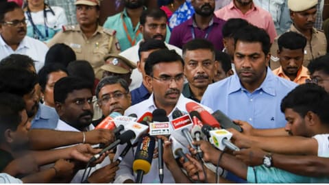 TN Health Minister KG Arunraj addressing the media after visiting the migrant workers in the hospital