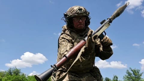 Ukraine's 65th Mechanized Brigade press service, a soldier practices military skills at a training ground near the frontline in the Zaporizhzhia region, Ukraine