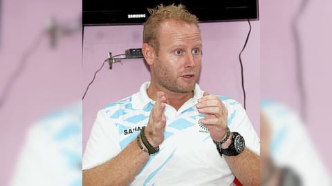 Indian hockey coach Sjoerd Marijne addresses a press conference in Bengaluru. 