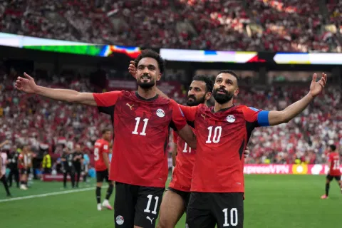 Mohamed Salah of Egypt celebrates scoring his team's second goal during the FIFA World Cup 2026 Group G match between New Zealand and Egypt at BC Place Vancouver in Vancouver