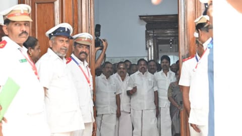 AIADMK general secreatary Edappadi K Palaniswami and the party members walks out of the Tamil Nadu Assembly