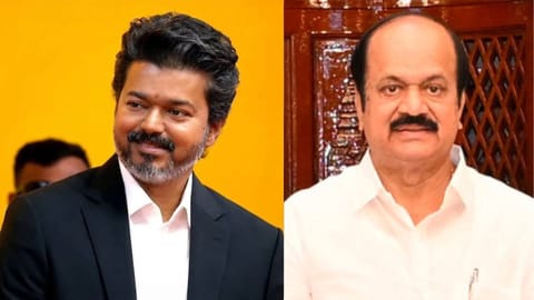 (L-R) Tamil Nadu CM C Joseph Vijay; Tamil Nadu Assembly Speaker JCD Prabhakar