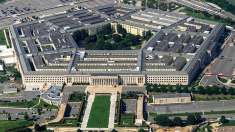 The Pentagon is viewed from the window of an airplane