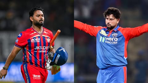 (L-R) LSG wicketkeeper-batter Rishabh Pant and DC spinner Kuldeep Yadav
