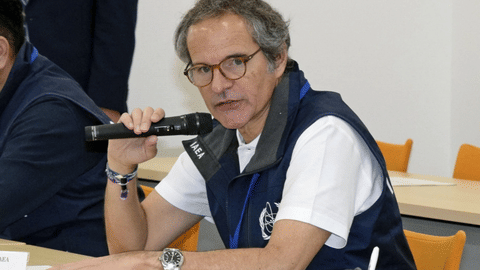 International Atomic Energy Agency Director General Rafael Grossi speaks during a meeting with Tokyo Electric Power Company Holdings officials at Fukushima Daiichi nuclear power plant in Okuma