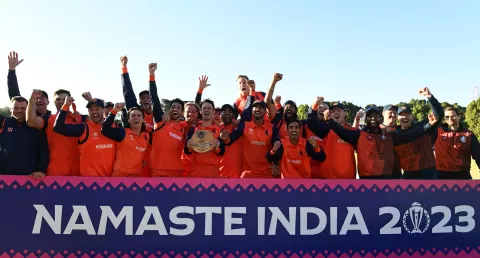 The Netherlands team celebrates its qualification