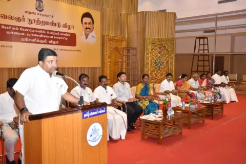Minister Palanivel Thiaga Rajan addressing students at a function in Madurai on Monday