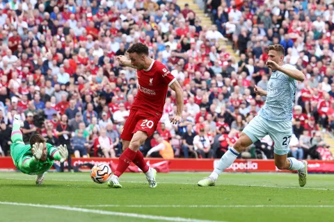 Liverpool’s Diogo Jota scores past Bournemouth’s goalkeeper Neto