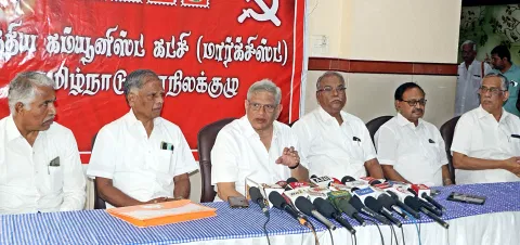 CPM general secretary Sitaram Yechury addressing reporters in Coimbatore on Friday