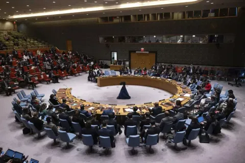 A general view shows a Security Council meeting at United Nations headquarters