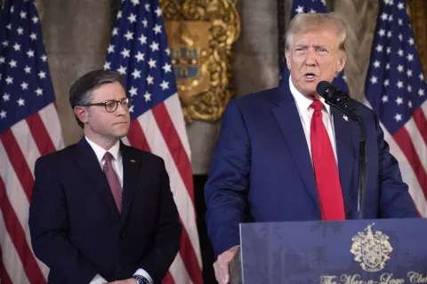 File picture of Speaker of the House Mike Johnson and President Donald Trump&nbsp;