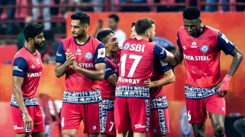 Jamshedpur FC players celebrate after their win