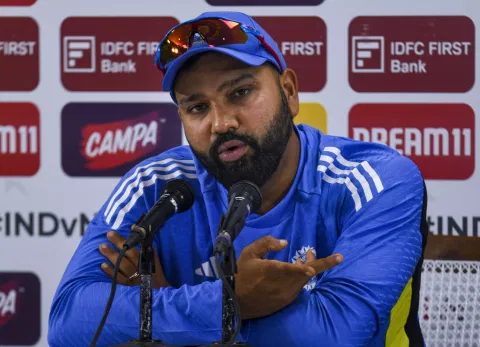 Rohit Sharma at the press conference&nbsp;