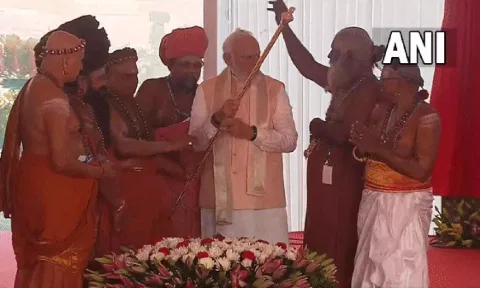 Prime Minister Narendra Modi receives 'Sengol' by Adheenams