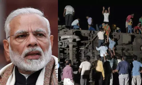 PM Modi; Visual from the train accident (right) (ANI)&nbsp;