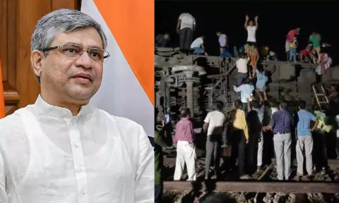 Railway Minister Ashwini Vaishnaw (left); Visual from the train accident (ANI)&nbsp;