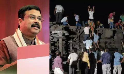 &nbsp;Dharmendra Pradhan (left); Visual from the spot. (ANI)