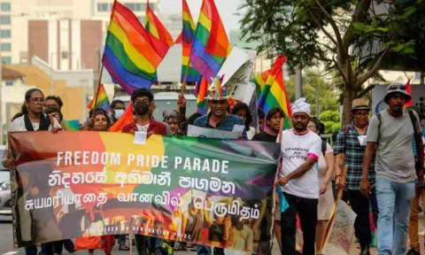 Members of Sri Lanka's LGBTQ+ community paraded demand an end to discrimination as they mark the Pride month in Colombo. (AP)