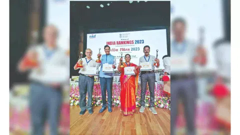 Prof V Kamakoti (second from left) with the NIRF 2023 trophy in New Delhi recently