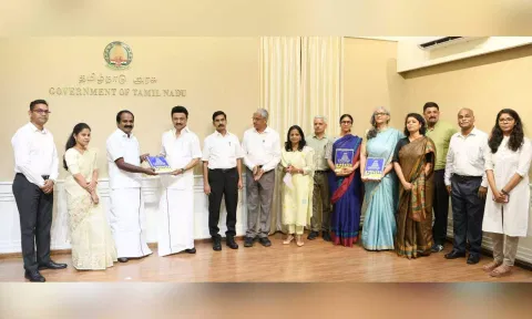 CM MK Stalin and Minister for Environment, Climate Change Siva V. Meyyanathan releasing the Climate Action Plan, in Chennai on Tuesday. (Twitter/@CMOTamilnadu)&nbsp;