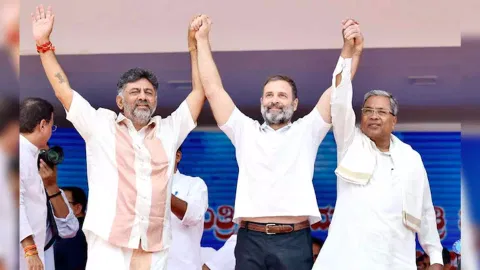 Deputy CM D.K. Shivakumar, Congress leader Rahul Gandhi and Karnataka Chief Minister Siddaramaiah