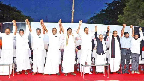 Leaders of DMK-led Secular Progressive Alliance parties, who participated in the protest meeting in Coimbatore on Friday
