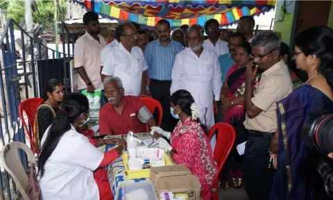 Minister for HR&amp;CE and CMDA PK Sekarbabu inaugurated the camps at Thiru Vi Ka Nagar zone (zone 6) on Tuesday. (Twitter/@chennaicorp)
