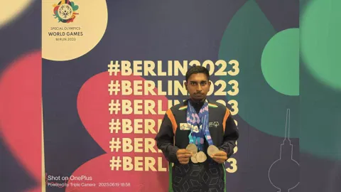 T Vishal with medals won at Special Olympics World Games 2023 (Image: SOB)