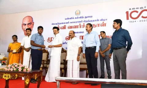 Stalin also took part in the events organized at Nehru Govt Boys Higher Secondary School in Nanganallur as a part of the 121st birth anniversary celebration of Kamarajar. (Twitter/@mkstalin)