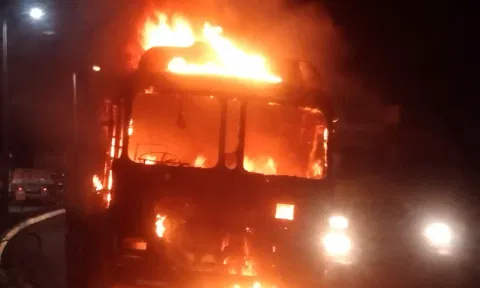 Truck catches fire on NH16 in Visakhapatnam (ANI)
