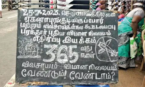 A board at Parandur announcing the protest entering 365th day